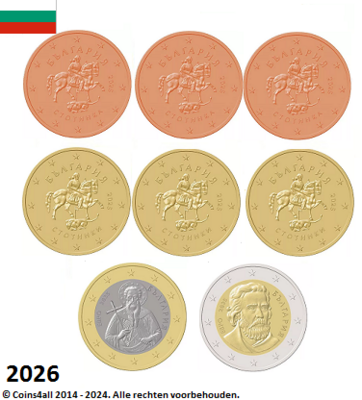 Bulgarije UNC set 2026, 8 munten met normale 2 euromunt