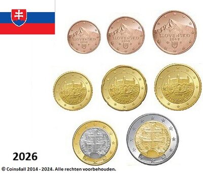 Slowakije UNC set 2026, 8 munten met normale 2 euromunt